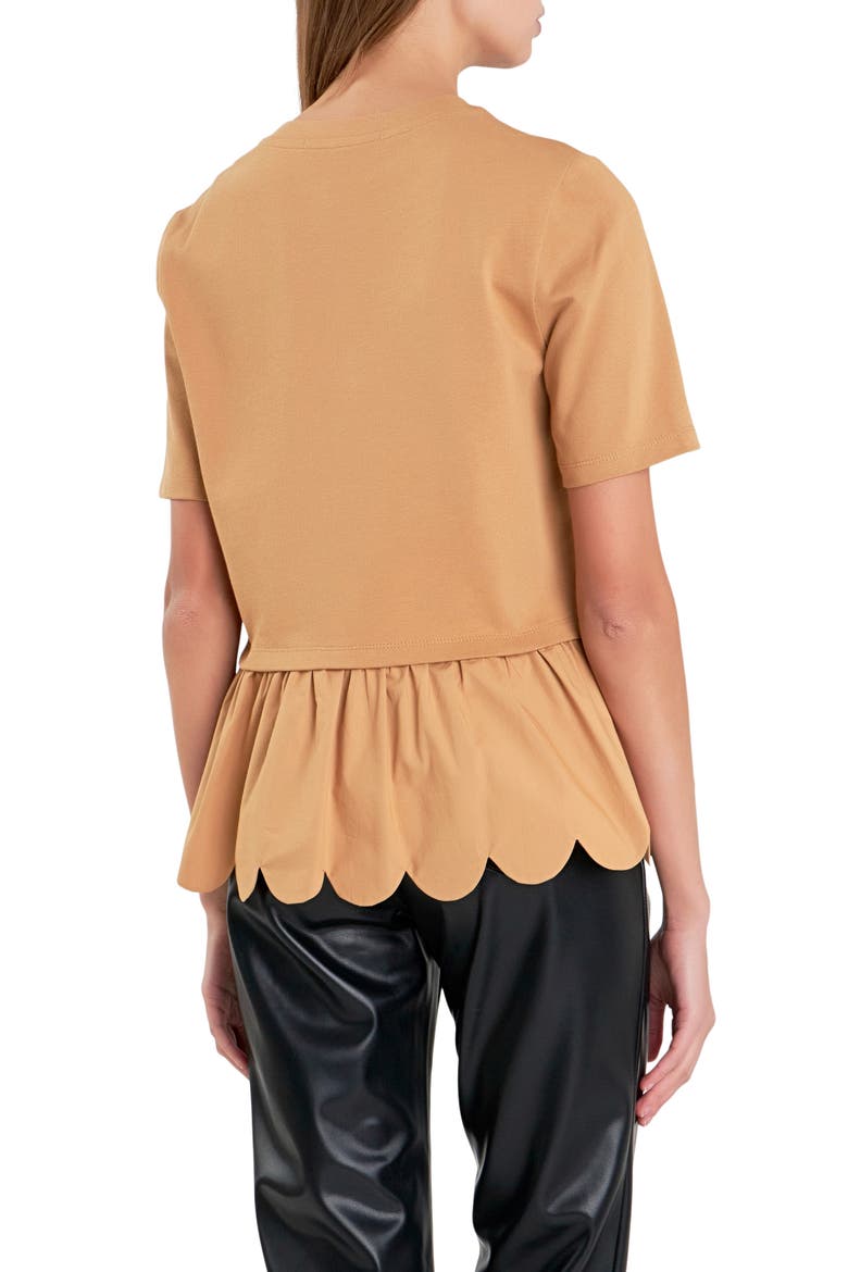 Mixed Media Scallop Peplum Cotton Top, Alternate, color, TAN