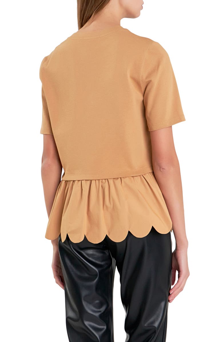 English Factory Mixed Media Scallop Peplum Cotton Top, Alternate, color, Tan