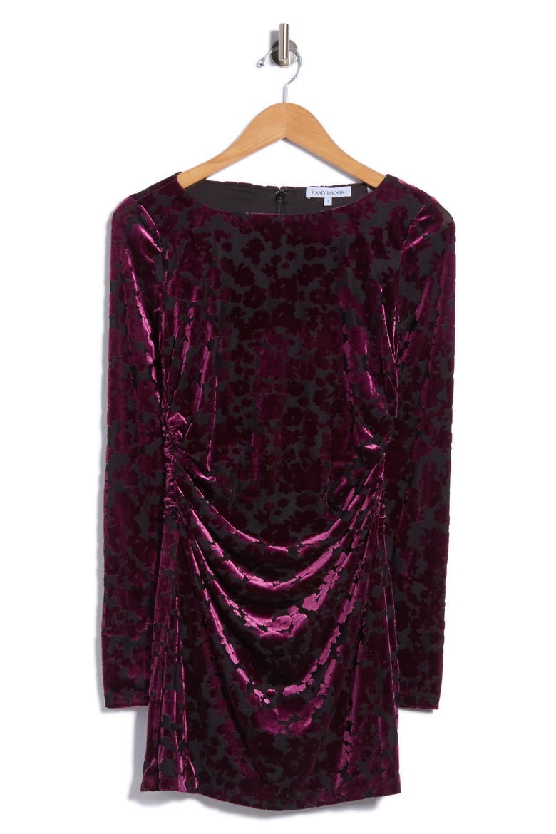 Amara Burnout Velvet Long Sleeve Minidress, Main, color, BLACKBERRY