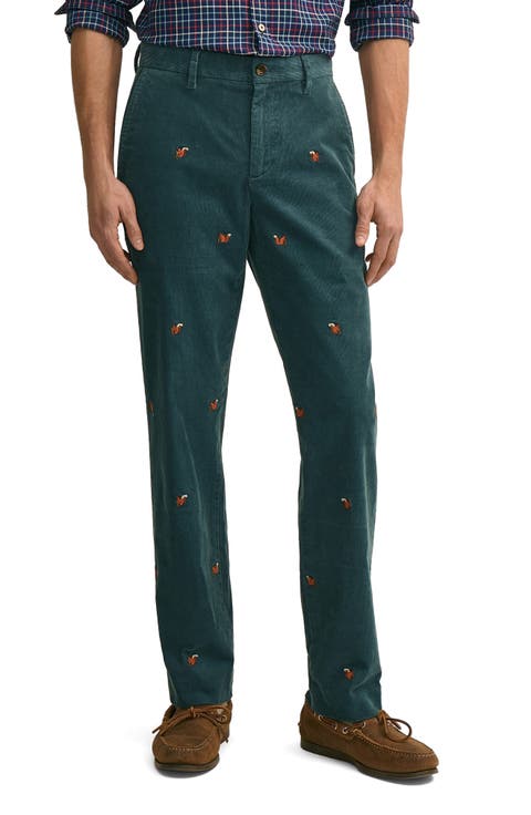 Embroidered Squirrel Motif Corduroy Straight Leg Pants