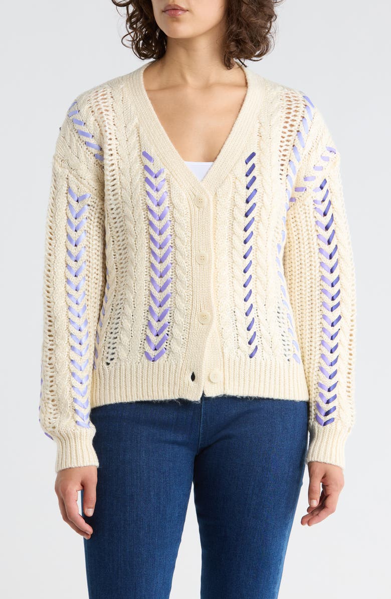 Cinq à Sept Nyla Marled Ribbon Accent Cardigan, Main, color, Ivory/ Blue