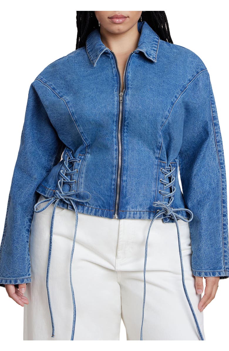 ELOQUII Lace Up Denim Jacket, Main, color, Medium Wash