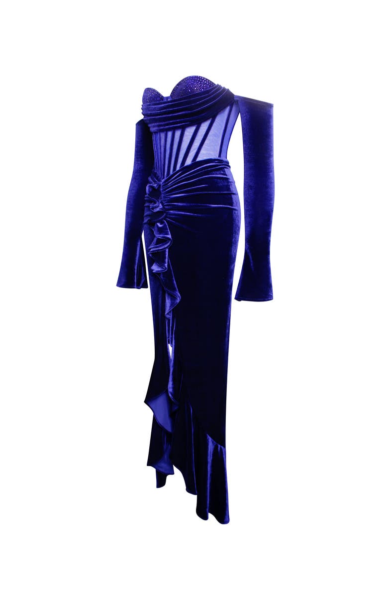 Miss Circle Taylee Long Sleeve Off Shoulder Corset Velvet Gown, Alternate, color, 