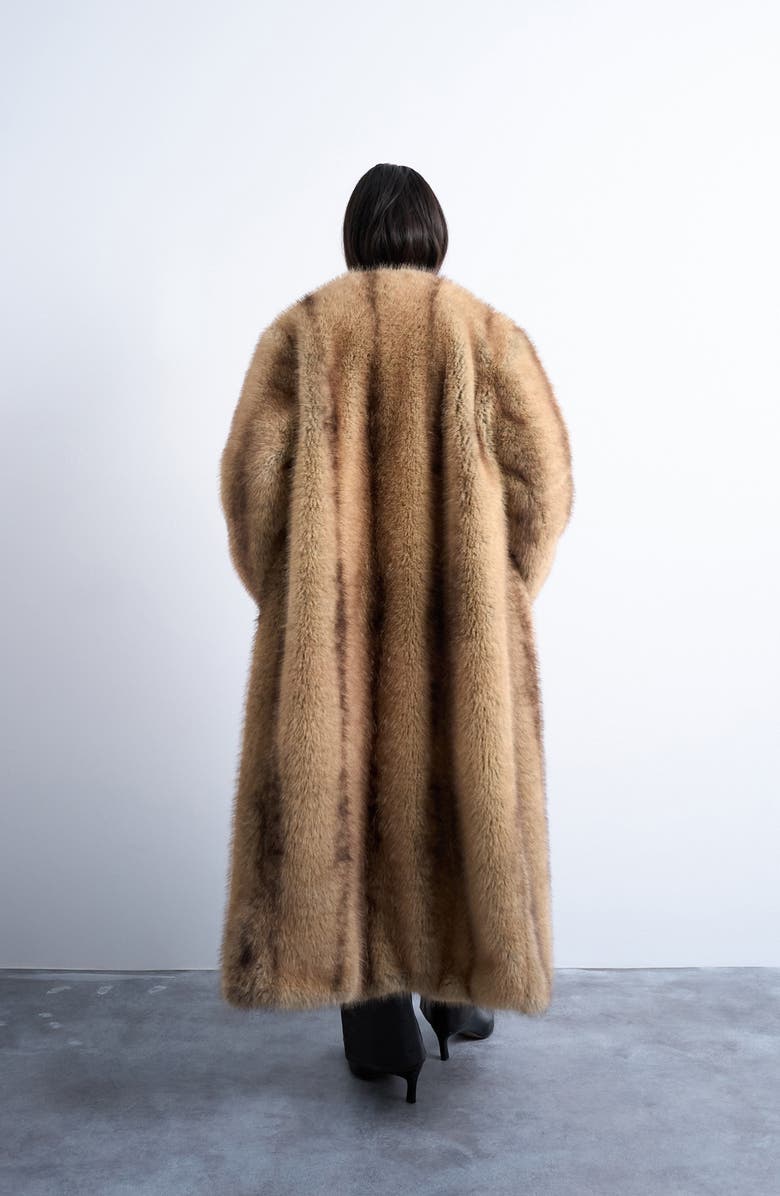Topshop Collarless Faux Fur Long Coat, Alternate, color, Beige