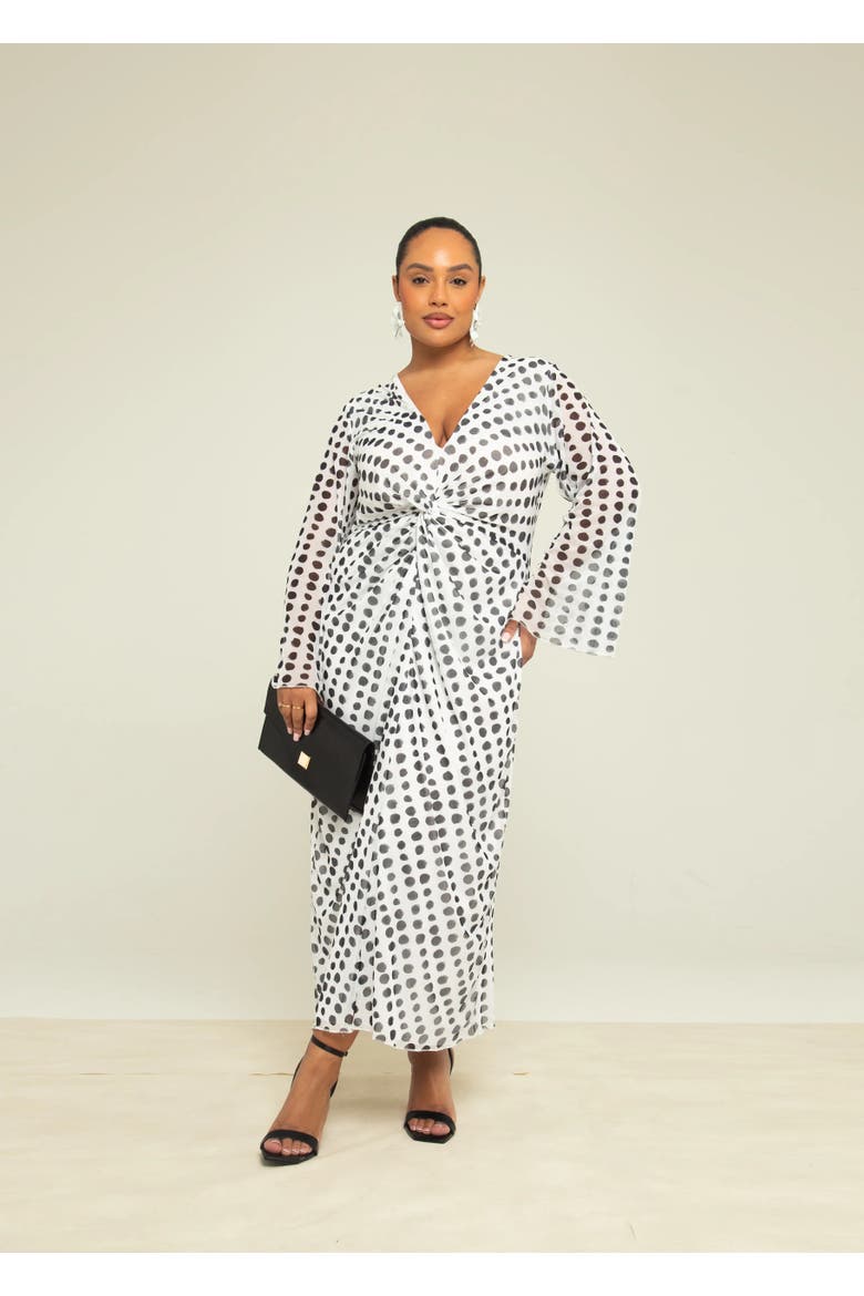 Long Sleeve V-Neck Polka Dot Midi Dress, Main, color, White