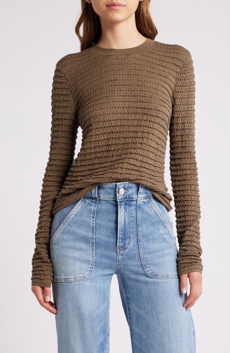FRAME Smocked Silk Blend Crewneck Top, Main, color,