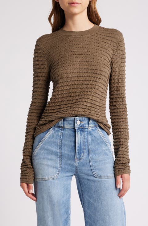 Smocked Silk Blend Crewneck Top