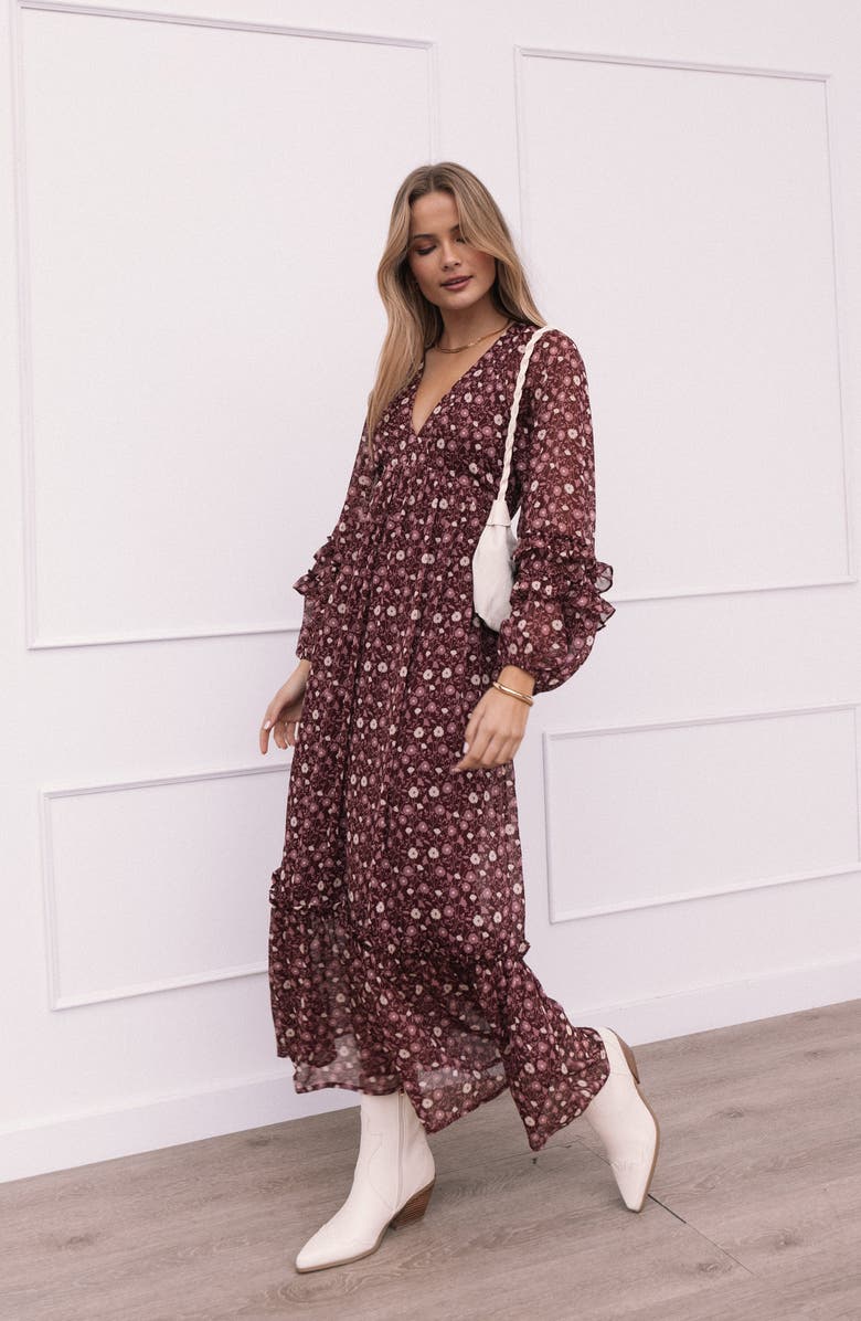 Petal & Pup Evian Floral Print Long Sleeve Maxi Dress, Alternate, color, Burgundy Multi