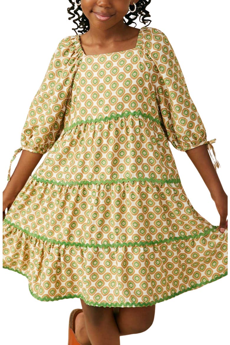 Kids' Wavy Block Print Tiered Dress, Alternate, color, OLIVE