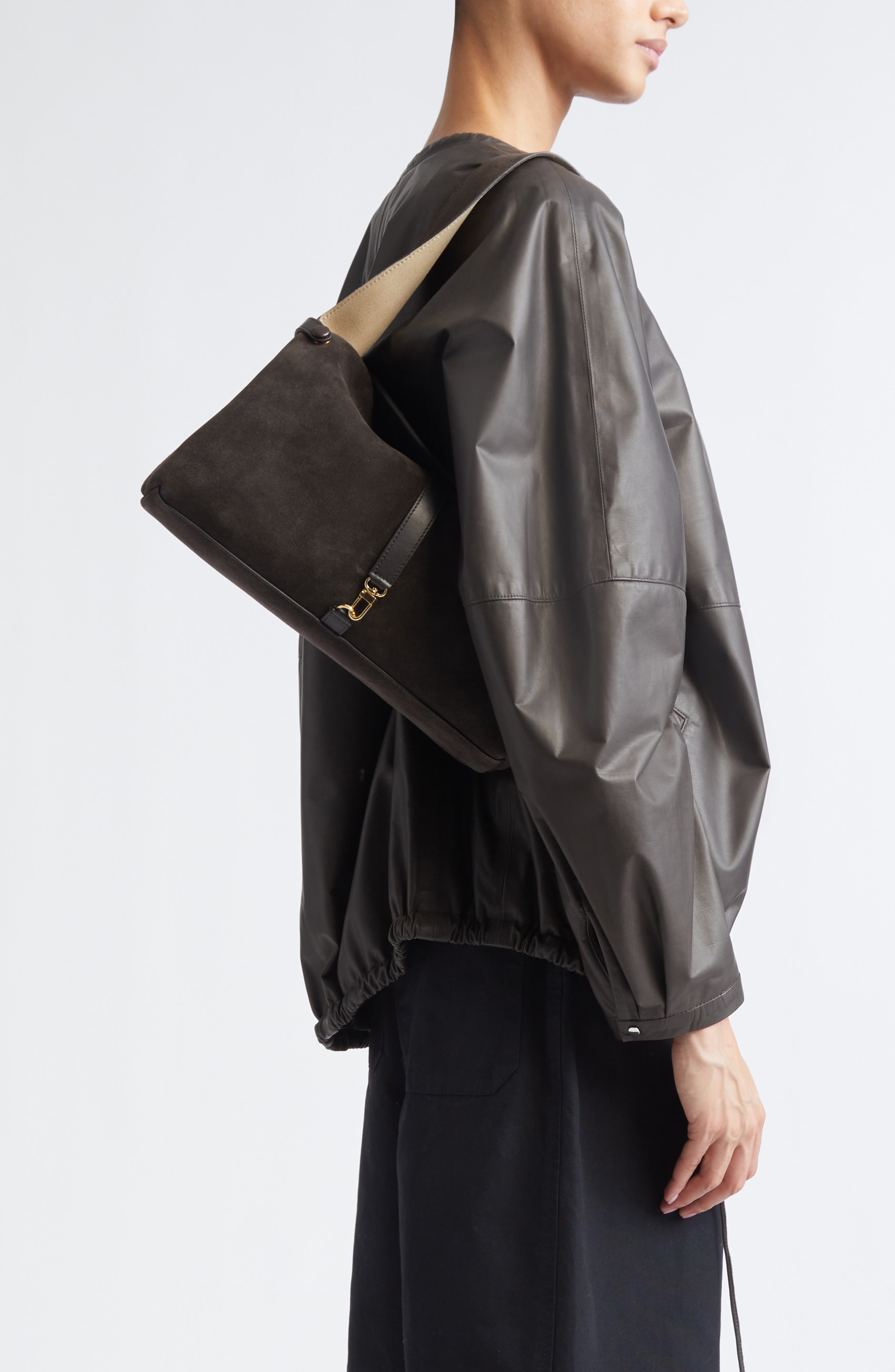 Ree Projects Florencia Soft Pebble Grain Leather Shoulder Bag, Alternate, color, Ebony