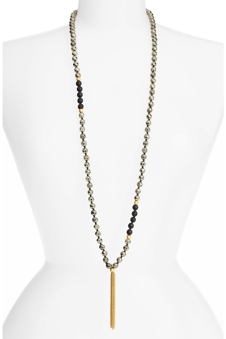 'Mala' Long Beaded Tassel Necklace, Main, color, PYRITE