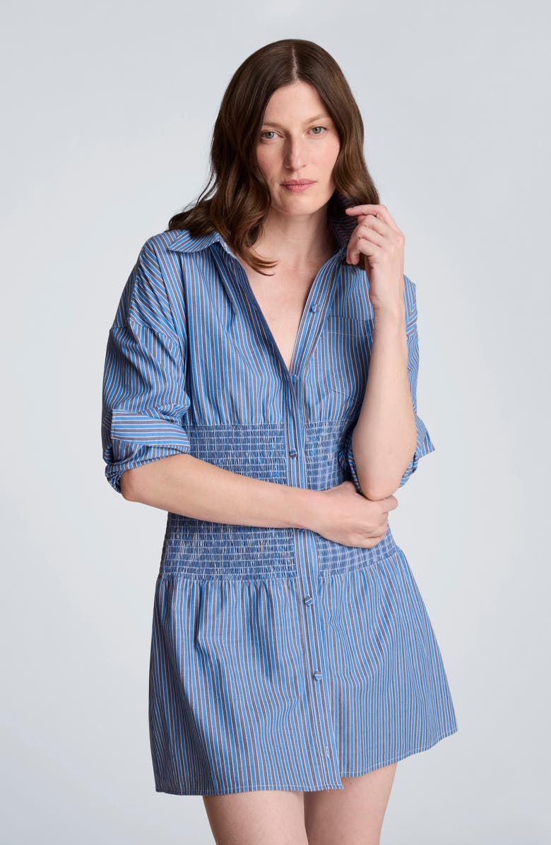 Kenneth Cole Stripe Smocked Detail Mini Shirtdress, Alternate, color, Lake Blue Multi