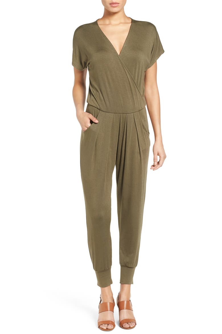 Short Sleeve Wrap Top Jumpsuit, Main, color, OLIVE TARMAC