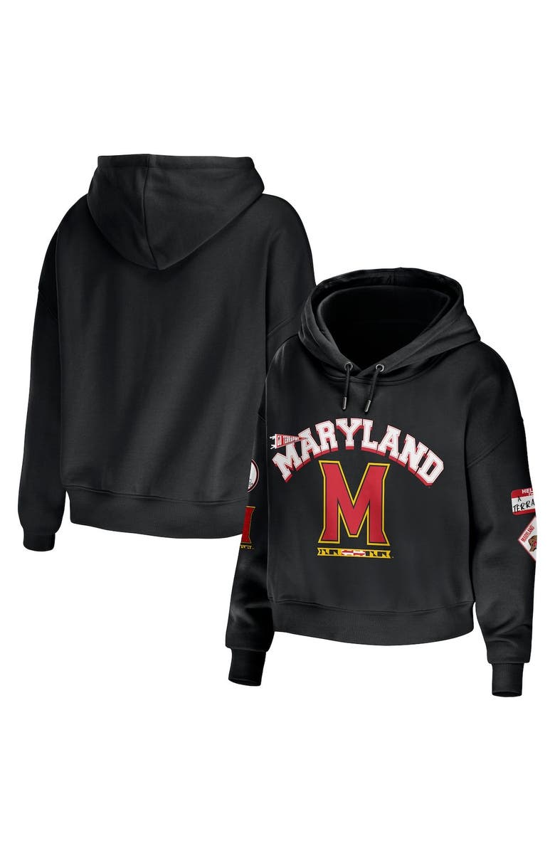 WEAR by Erin Andrews Women's WEAR by Erin Andrews Black Maryland Terrapins Mixed Media Cropped Pullover Hoodie, Main, color, 