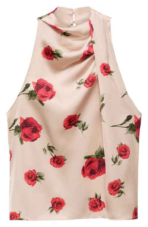 Shop Mango Rose Print Sleeveless Satin Shirt In Ecru