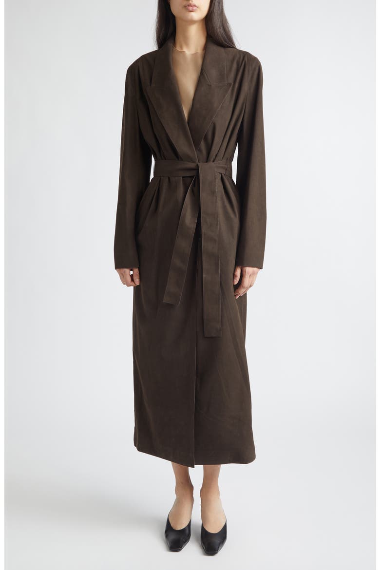 Cocoa Faux Suede Wrap Coat, Main, color, DARK BROWN