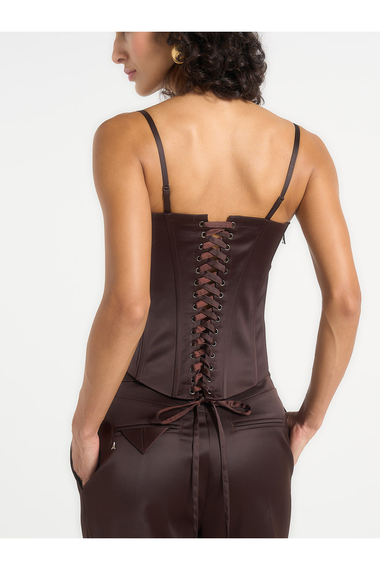 Scarlett Satin Lace Up Corset, Alternate, color, Brown