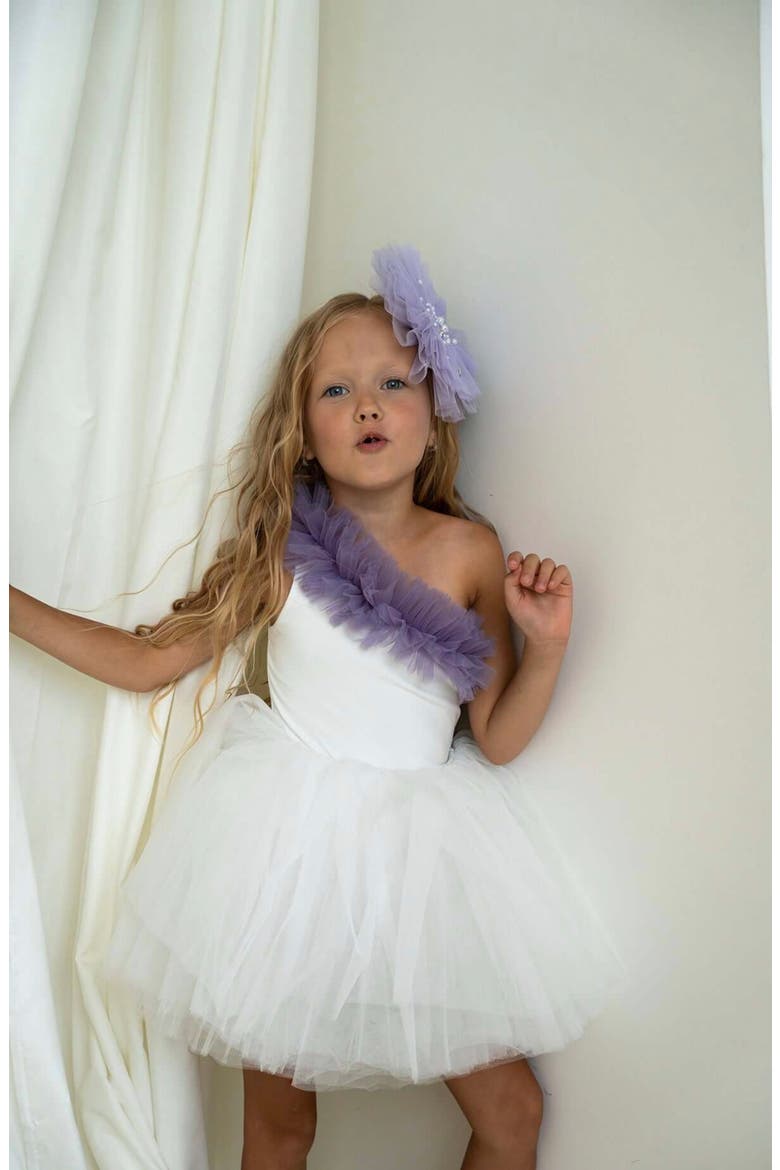 Fiona One Shoulder Ruffle Tulle Dress, Alternate, color, White Lily Lilac Ruffle