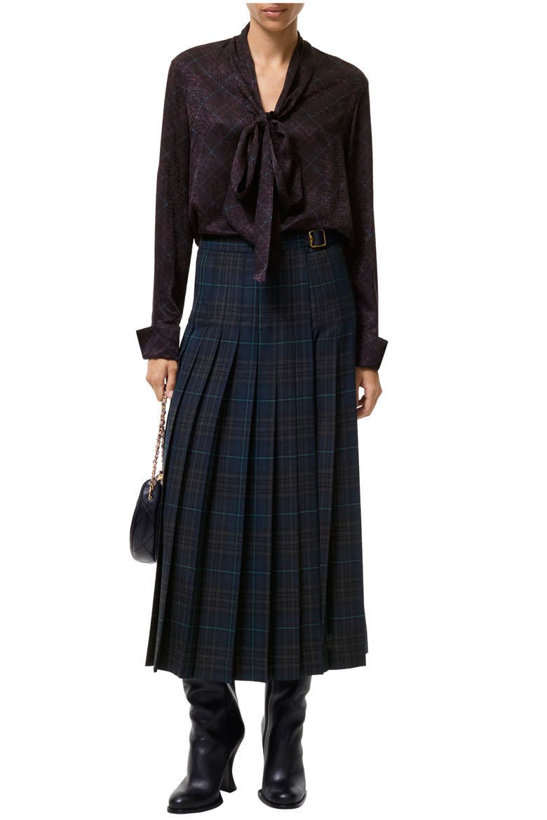 Pleated Check Wool Blend Skirt, Main, color, Dark clay blue