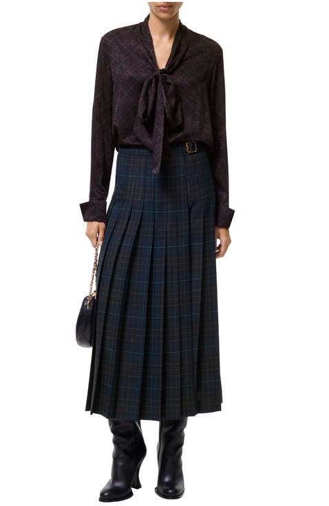 Pleated Check Wool Blend Skirt