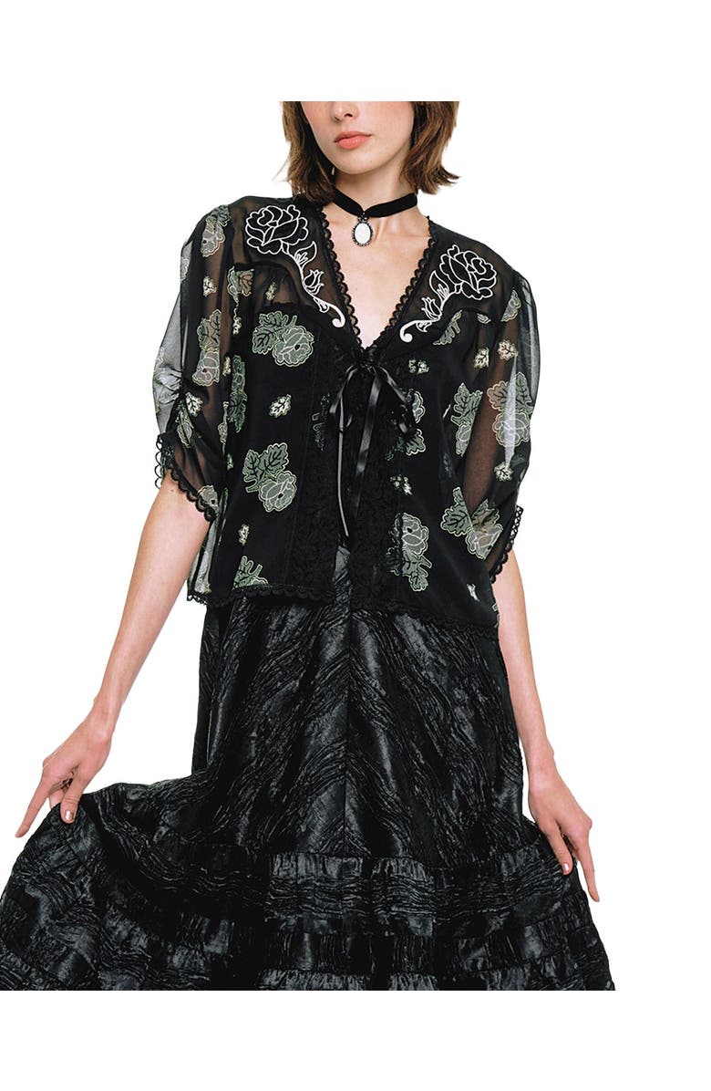 Anna Sui Lily and Roses Chiffon Combo Embroidered Bed Jacket, Alternate, color, Black