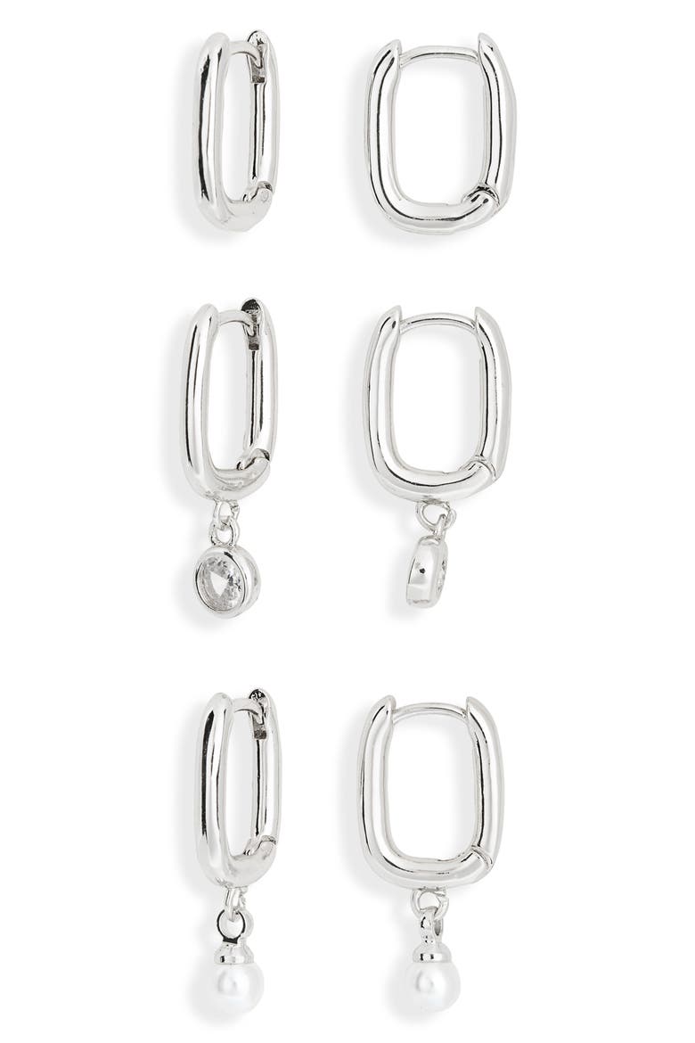 Set of 3 Oval Hoop Earrings, Main, color, CLEAR- WHITE- SILVER