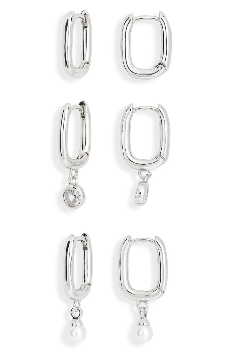 NORDSTROM RACK Set of 3 Oval Hoop Earrings, Main, color, Clear- White- Silver