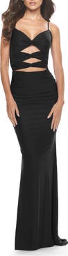 La Femme Twist Front Cut Out Jersey Prom Dress