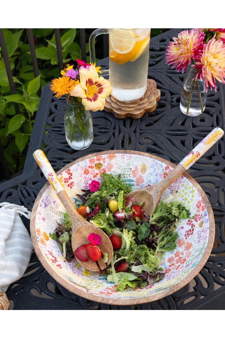 Large Floral Gold Foil Bowl and Salad Servers Set, Alternate, color, Multi and Brown
