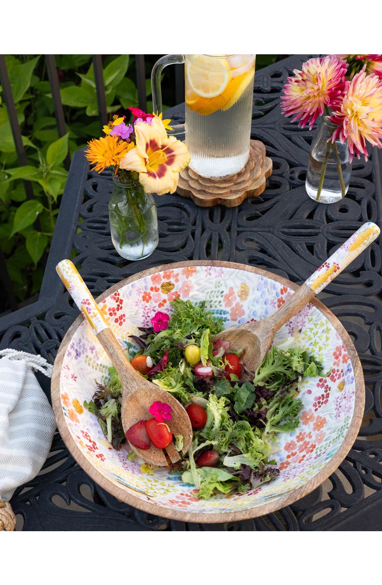 Jeanne Fitz Large Floral Gold Foil Bowl and Salad Servers Set, Alternate, color, Multi And Brown