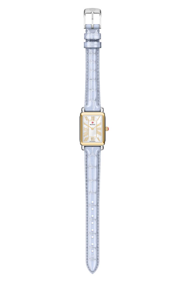 Deco Park Two-Tone Mother-of-Pearl Tank Leather Strap Watch, 23mm x 29mm, Alternate, color, BLUE