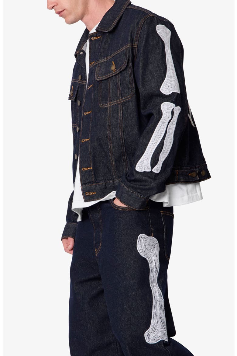 Raw Skeletion Denim Trucker Jacket, Alternate, color, RINSED INDIGO