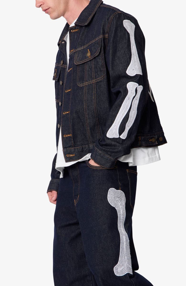mnml Raw Skeletion Denim Trucker Jacket, Alternate, color, 