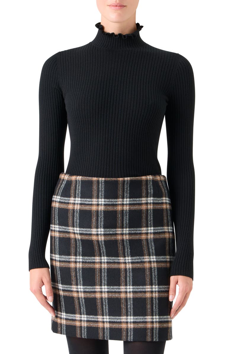 Akris punto Ruffle Mock Neck Rib Wool Sweater, Main, color, Black