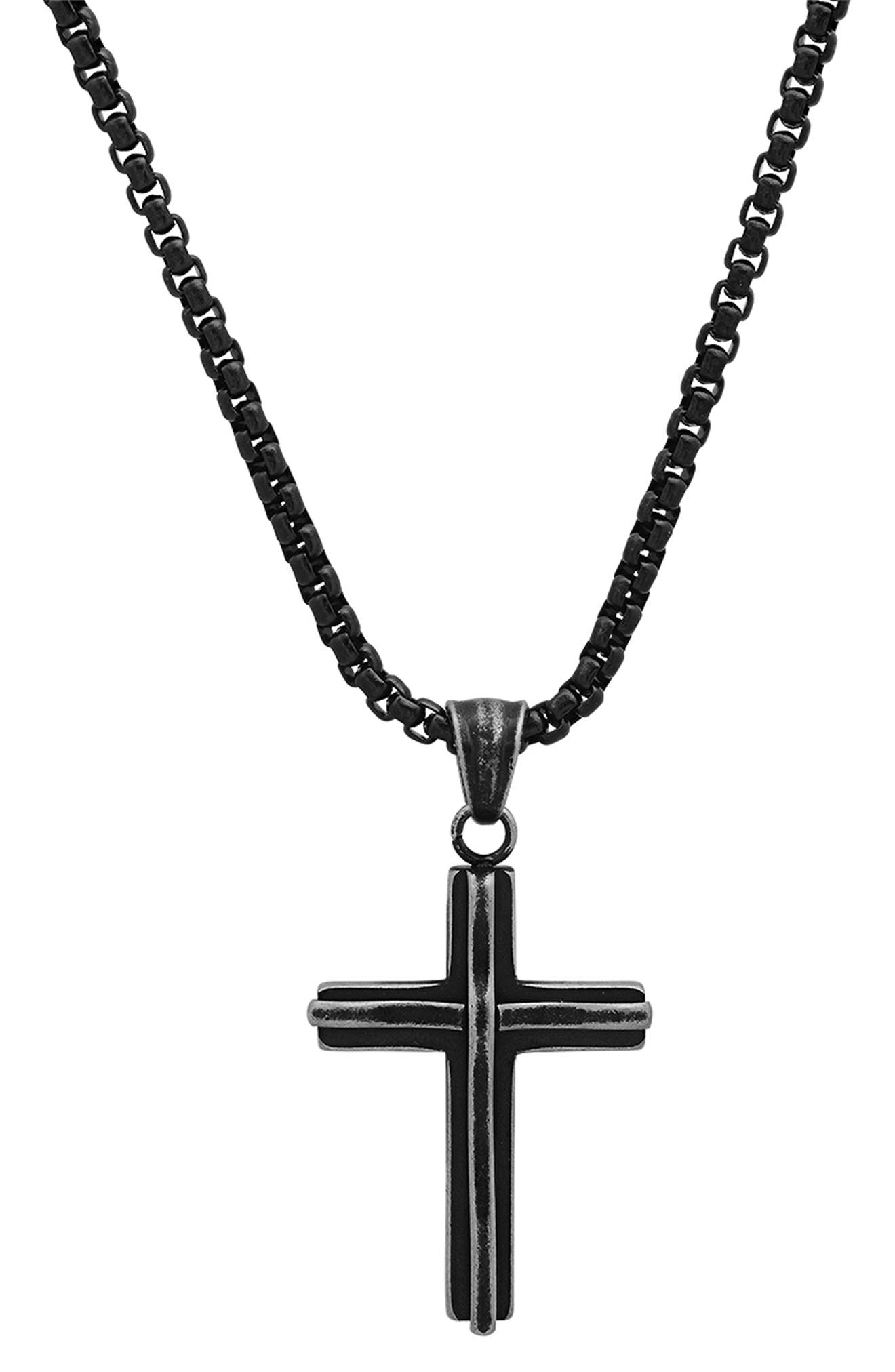 HMY JEWELRY Men's Black IP Stainless Steel Cross Pendant Necklace