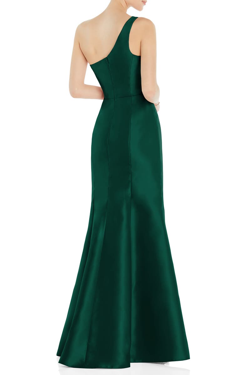 Alfred Sung One-Shoulder Satin Twill Trumpet Gown, Alternate, color, Hunter Green