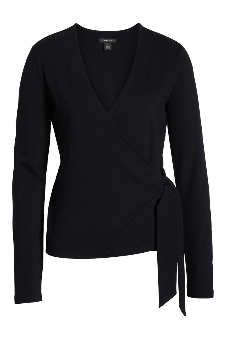 Ballet Wrap Ponte Knit Top, Alternate, color, BLACK