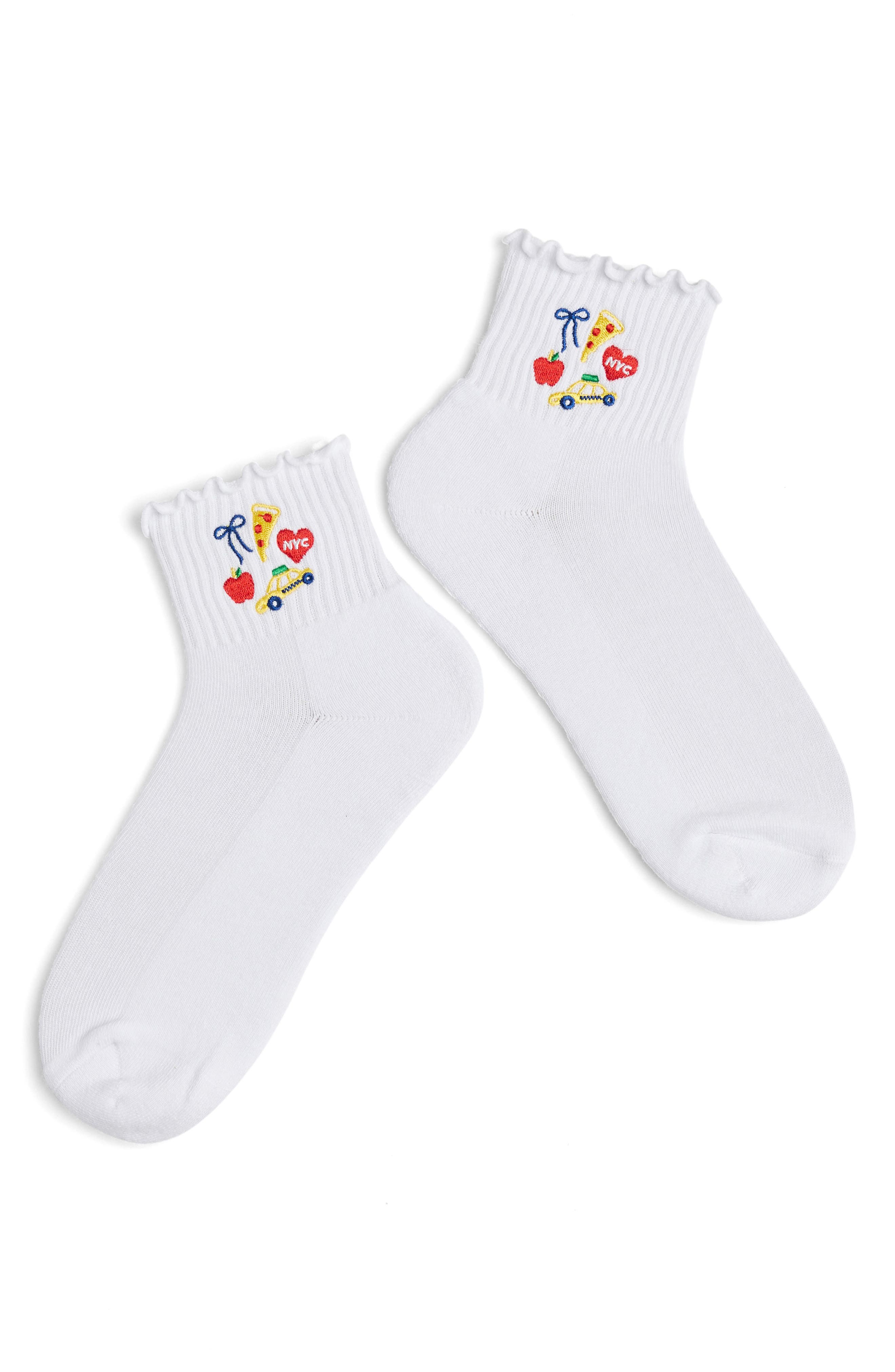 Alice & Wonder New York City Icons Embroidered Ankle Socks in White/colorful Icons at Nordstrom