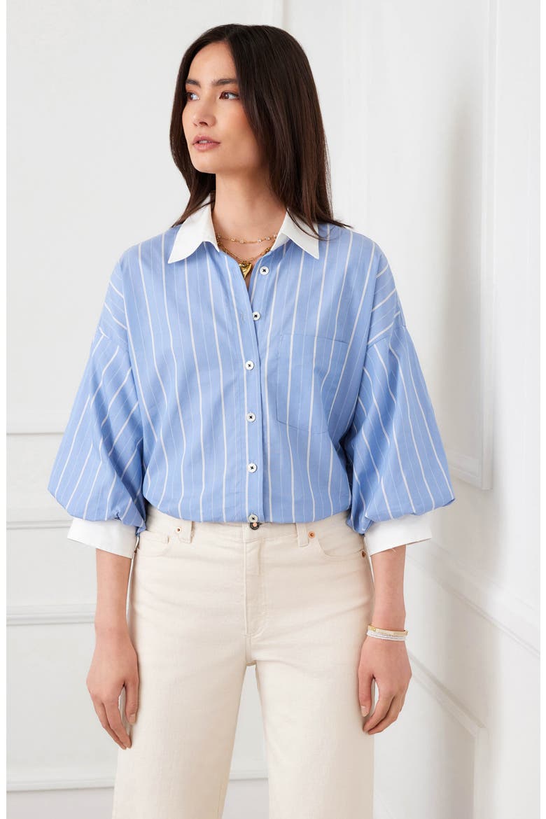 Stripe Lantern Sleeve Cotton Shirt, Alternate, color, BLUE WITH OFF WHITE