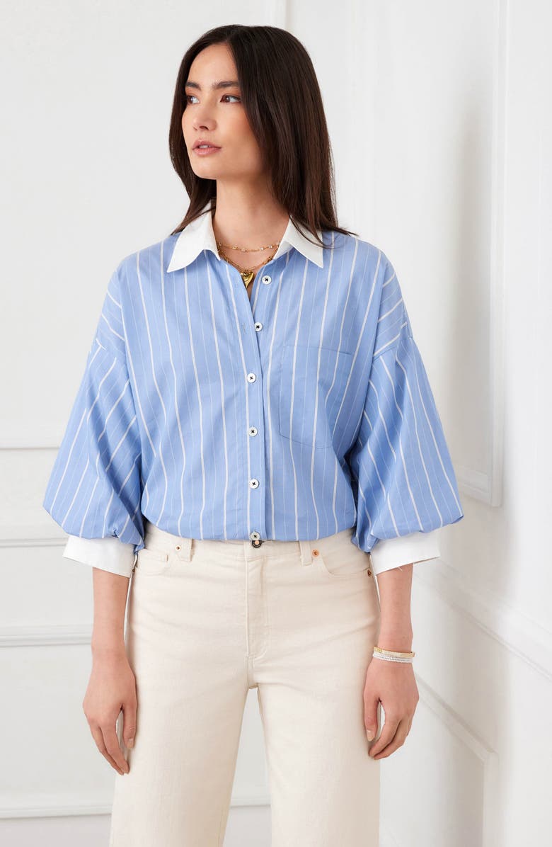 Karen Kane Stripe Lantern Sleeve Cotton Shirt, Alternate, color, Blue With Off White