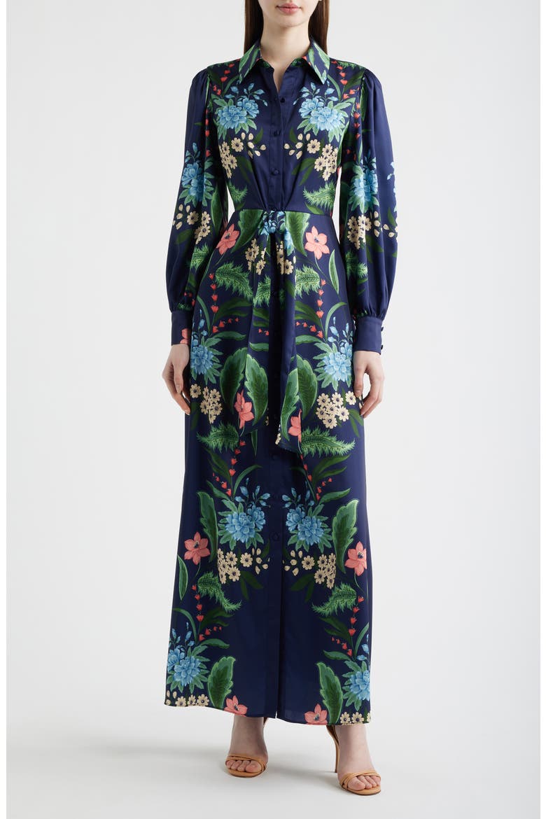 Floral Print Long Sleeve Maxi Shirtdress, Main, color, NAVY MULTI