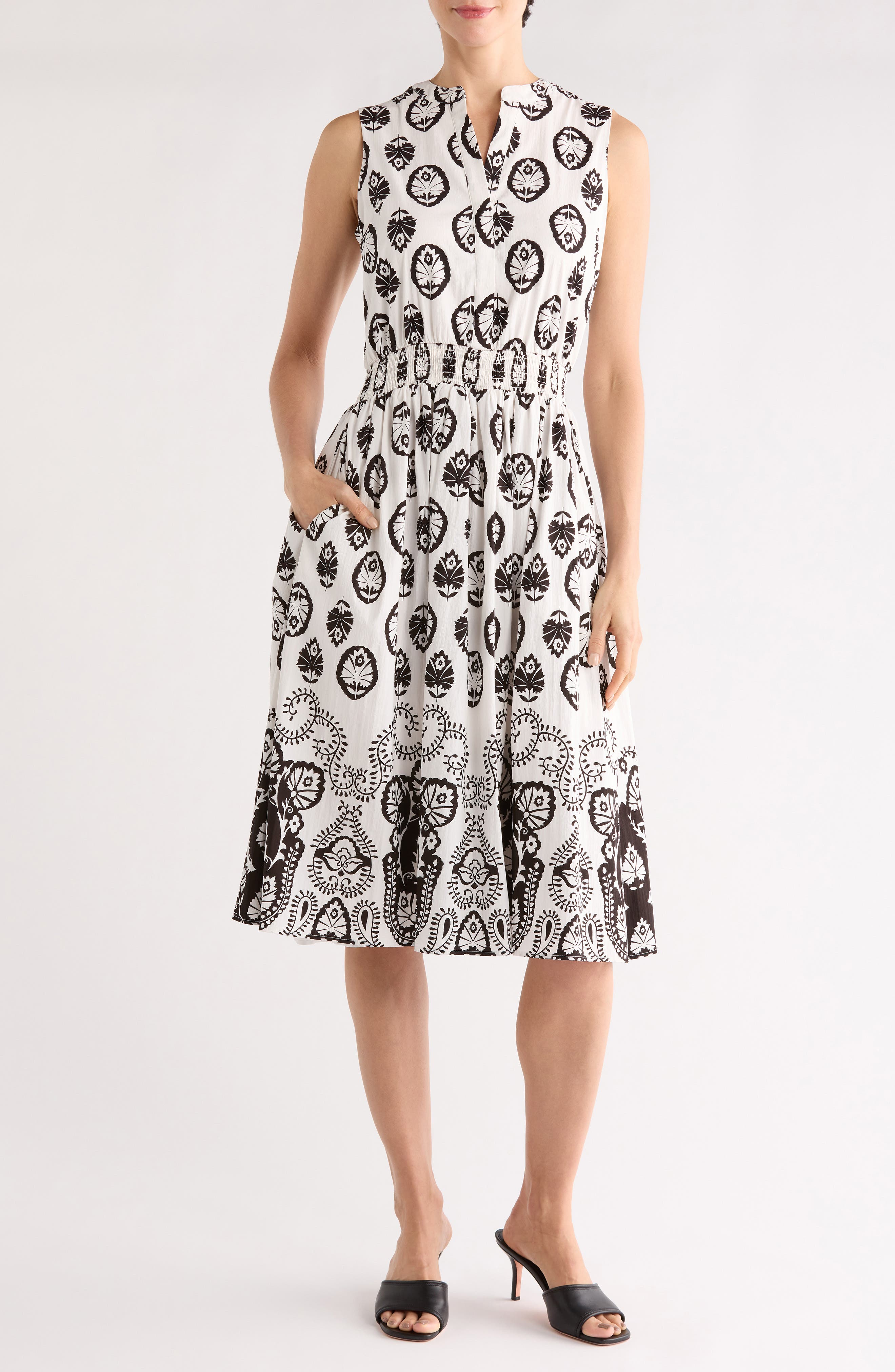 T Tahari Split Neck Medallion Print Midi Dress