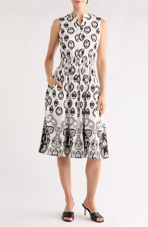 Split Neck Medallion Print Midi Dress
