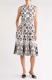 T Tahari Split Neck Medallion Print Midi Dress