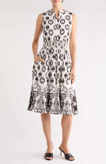 T Tahari Split Neck Medallion Print Midi Dress