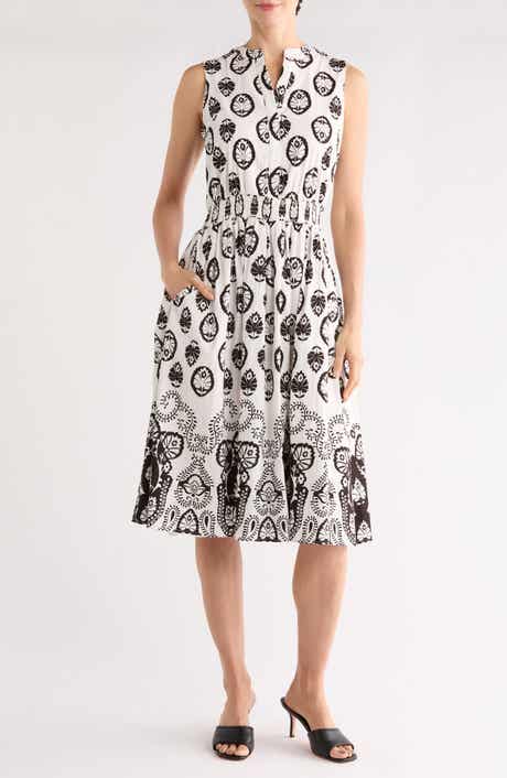 T Tahari Split Neck Medallion Print Midi Dress