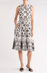 T Tahari Split Neck Medallion Print Midi Dress