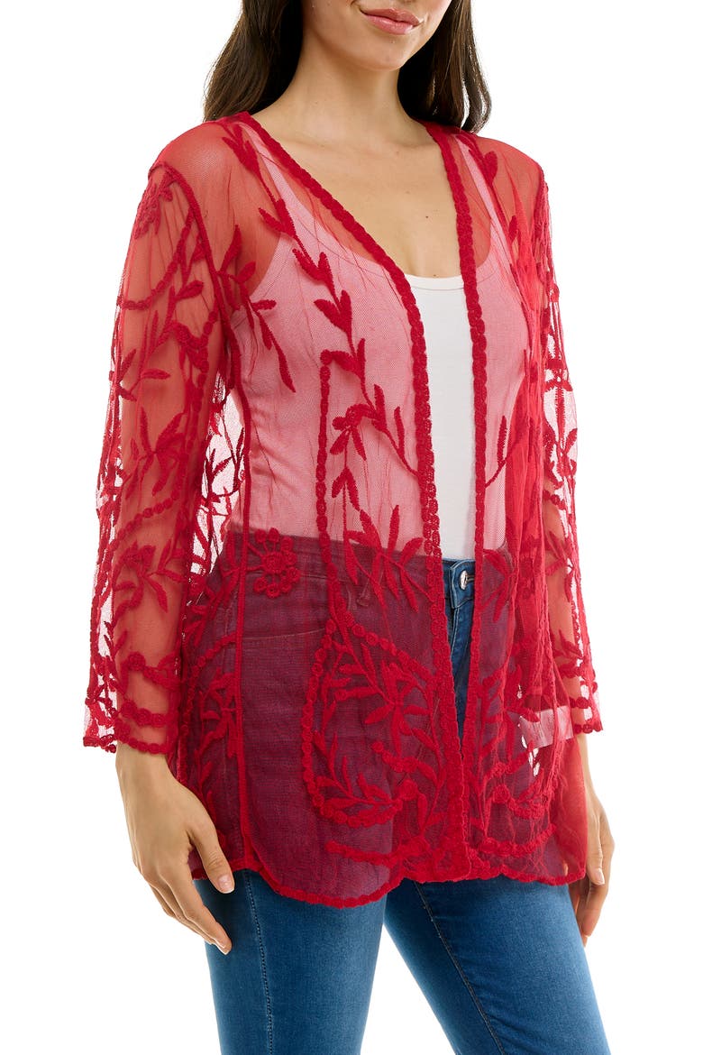 Embroidered Mesh Open Front Shirt, Alternate, color, NINA RED