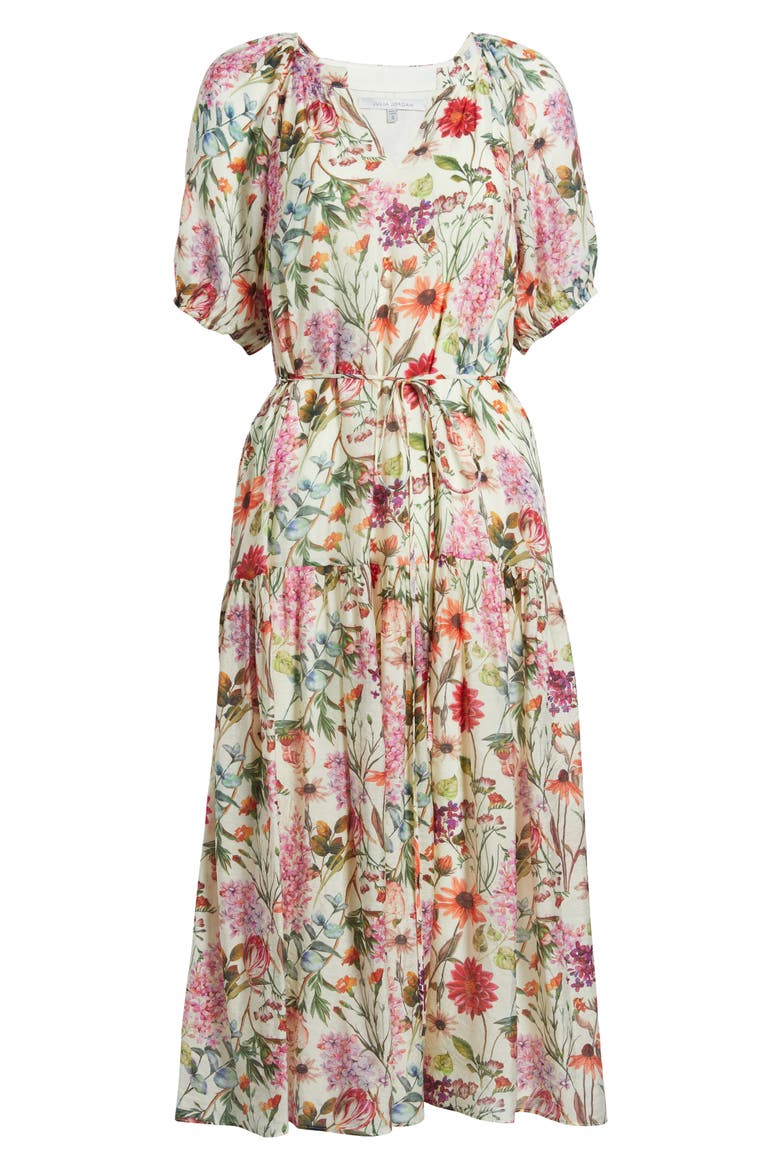 Floral Puff Sleeve Midi Dress, Alternate, color, IVORY MULTI