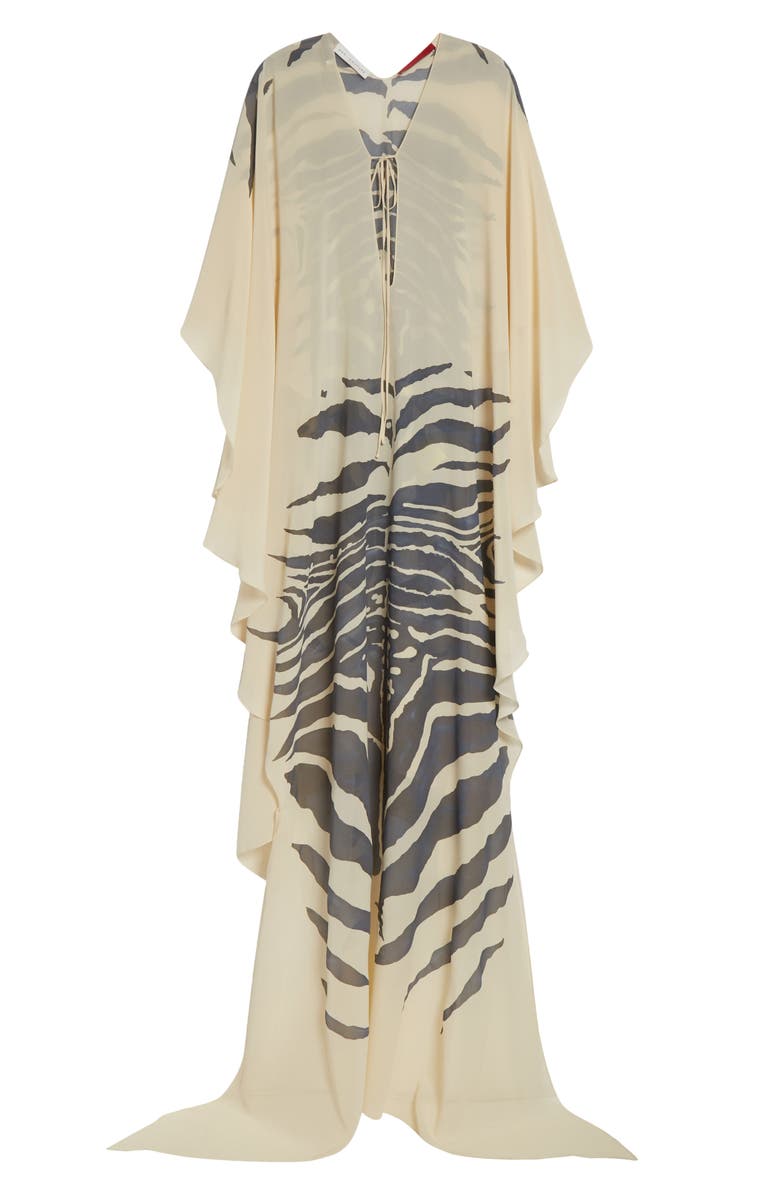 CONNER IVES Hand Painted Zebra Print Long Sleeve Silk Chiffon Caftan, Alternate, color, Pebble